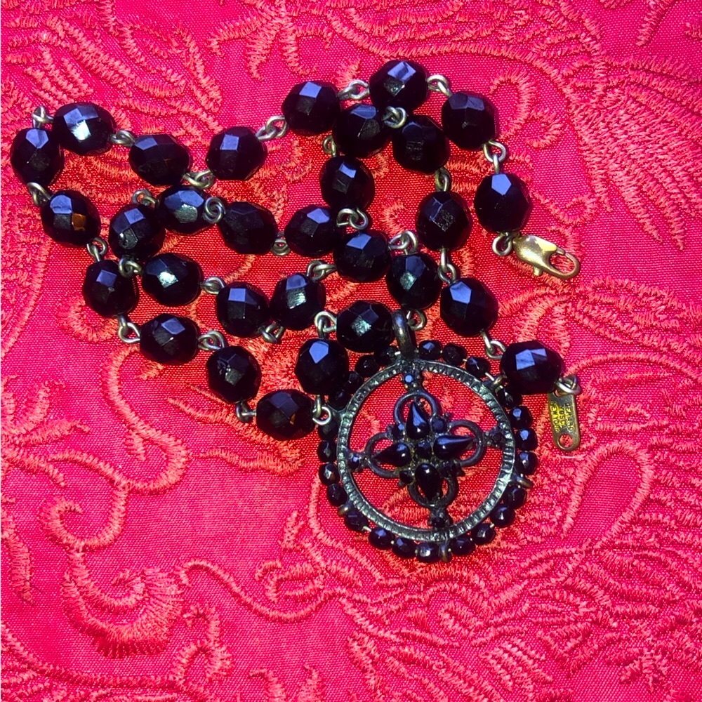 Signed Gerard Yosca black crystal necklace with black beaded circle pendant
